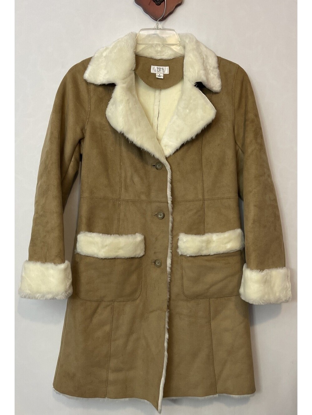 Ann Taylor Loft Womens 6 Brown Faux Fur Velour Button-Up Long Thick Coat! A4564